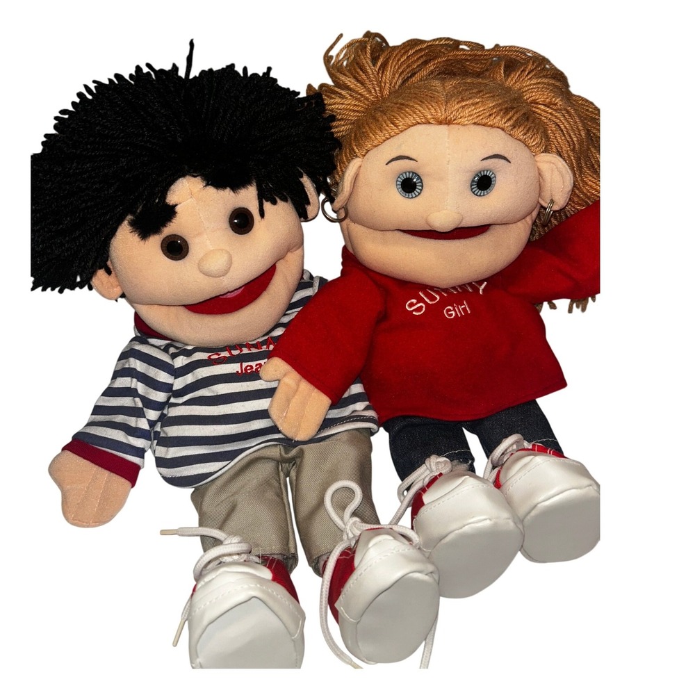 RARE Vintage Sunny & Co Puppets Hand Ventriloquist Boy and Girl Hand Puppet Set